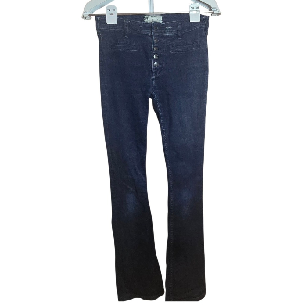 Free People Womens W26 Button Fly Flare Jeans Dark Wash High Rise Denim Boho 70s
